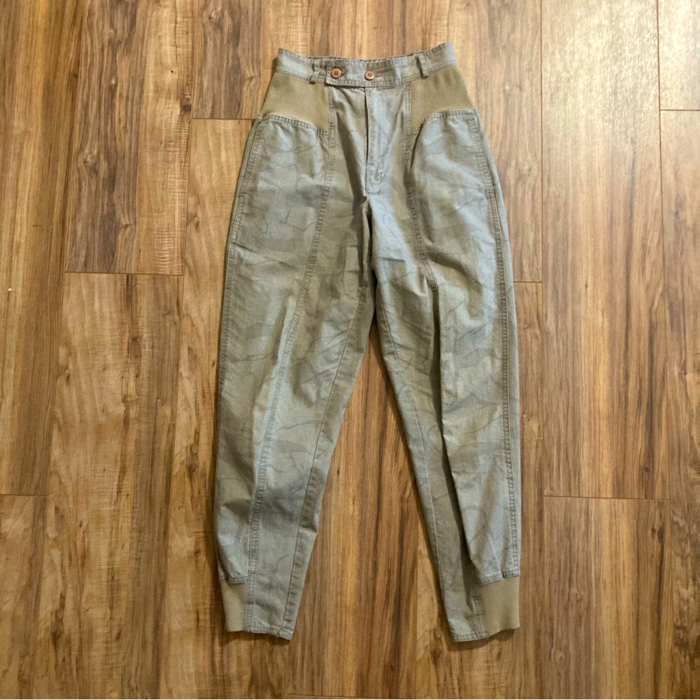 VTG Organically Grown Pants Wom Sz 5 Khaki Print Two Button Front Elastic Panels